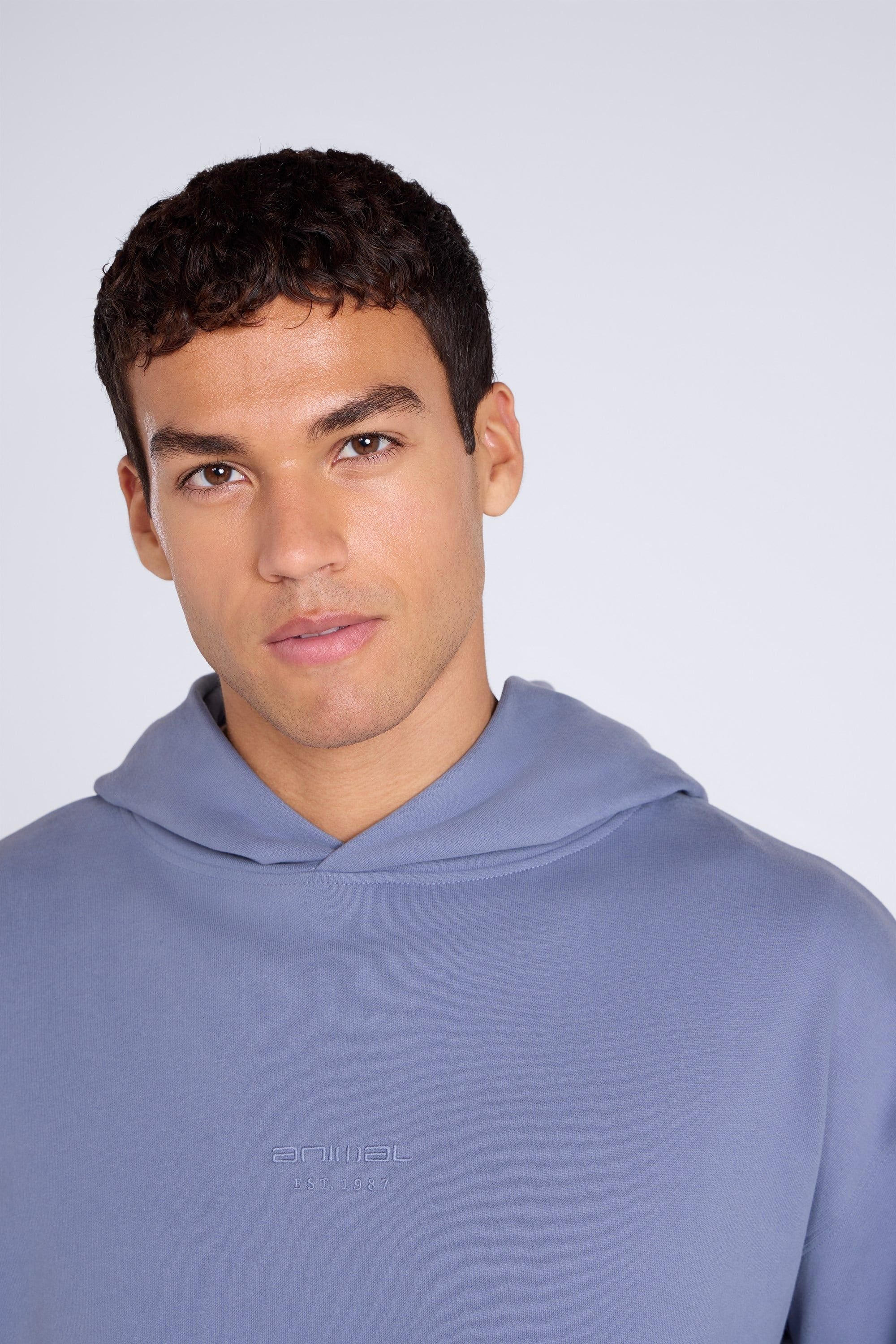 Animal Animal Men's 'Icon' Logo Print Kangaroo Pocket Cotton Snug Fit Drop Shoulder Hoody in Blue - 3