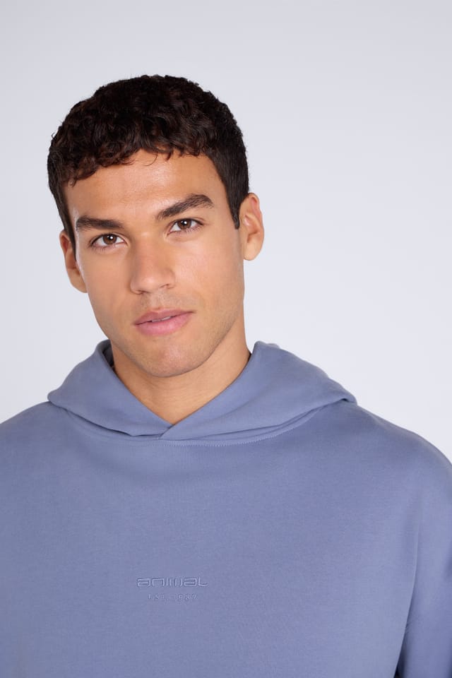 Animal Animal Men's 'Icon' Logo Print Kangaroo Pocket Cotton Snug Fit Drop Shoulder Hoody in Blue - 3