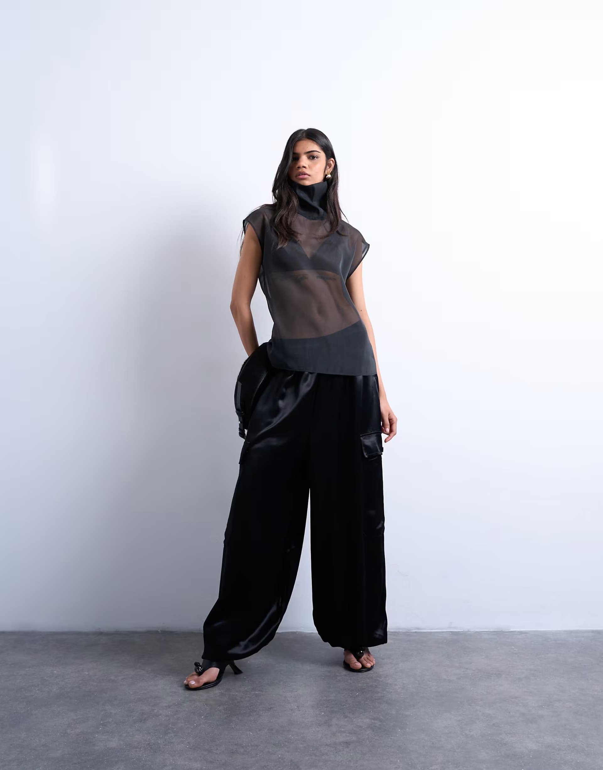 ASOS Topshop satin cargo balloon trouser in black
