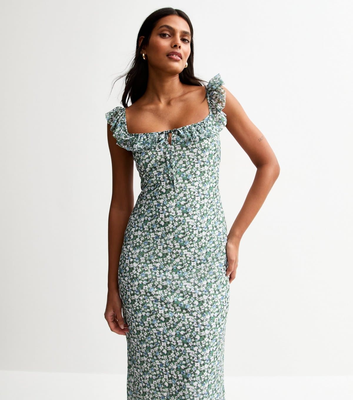 New Look Women's Green Ditsy Print Frill Trim Mesh Midi Dress New Look