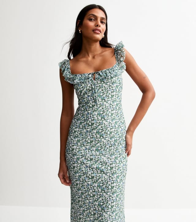 New Look Women's Green Ditsy Print Frill Trim Mesh Midi Dress New Look - 2