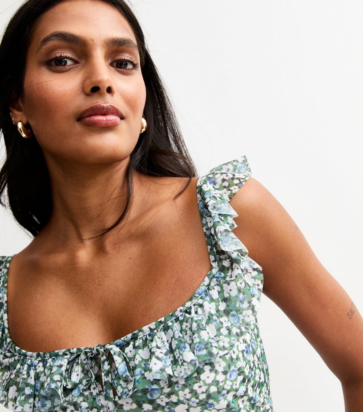 New Look Women's Green Ditsy Print Frill Trim Mesh Midi Dress New Look - 4