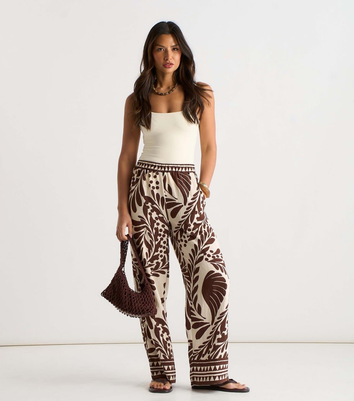 Gini London Women's Brown Border Print Trousers Gini London New Look