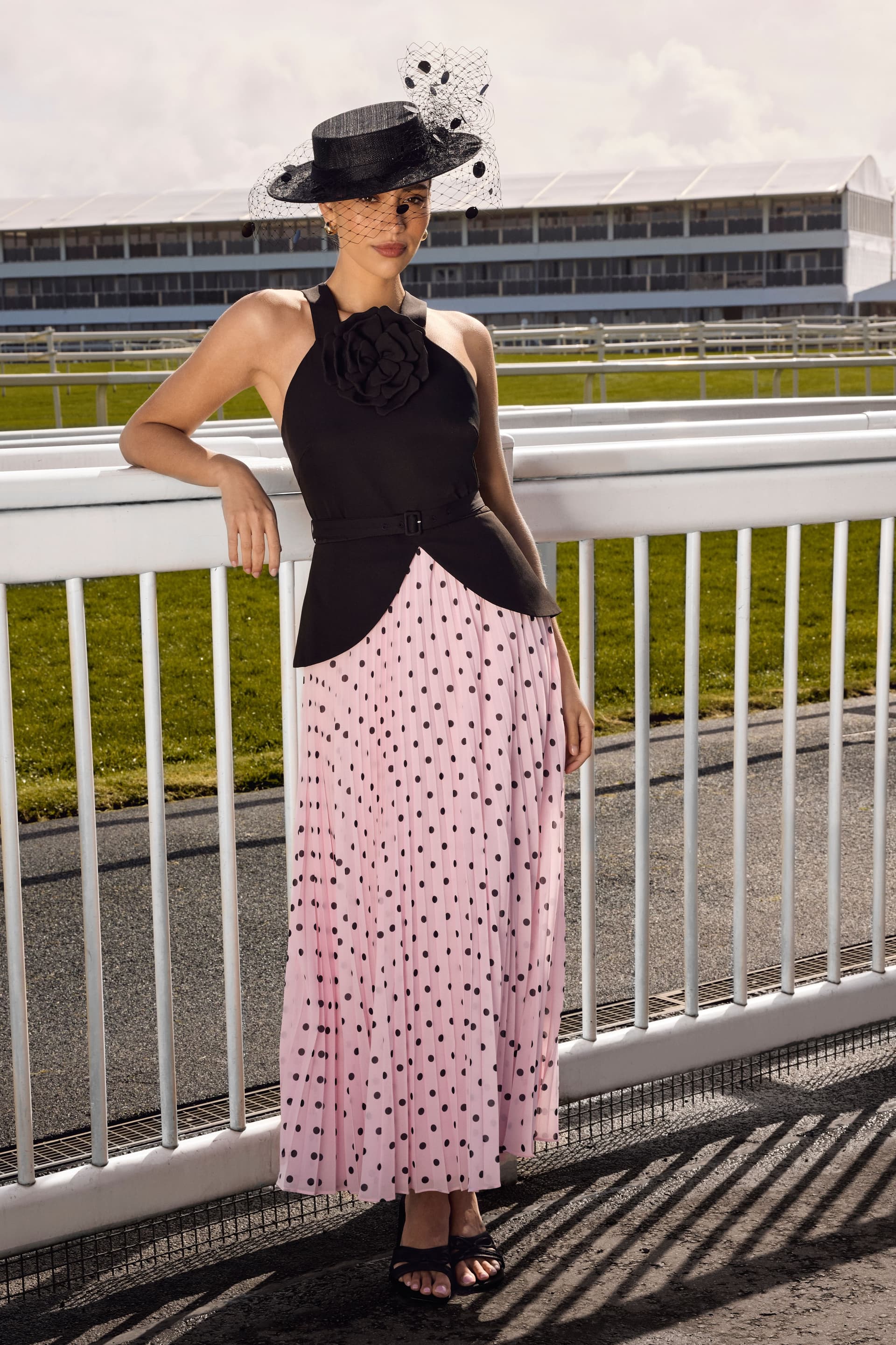 Coast Coast Women's Lisa Tan Corsage Peplum Detail Spot Print Pleated Midi Dress in Blush