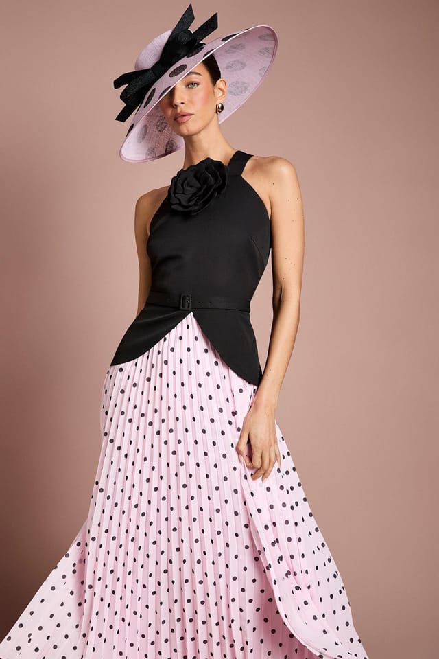 Coast Coast Women's Lisa Tan Corsage Peplum Detail Spot Print Pleated Midi Dress in Blush - 2