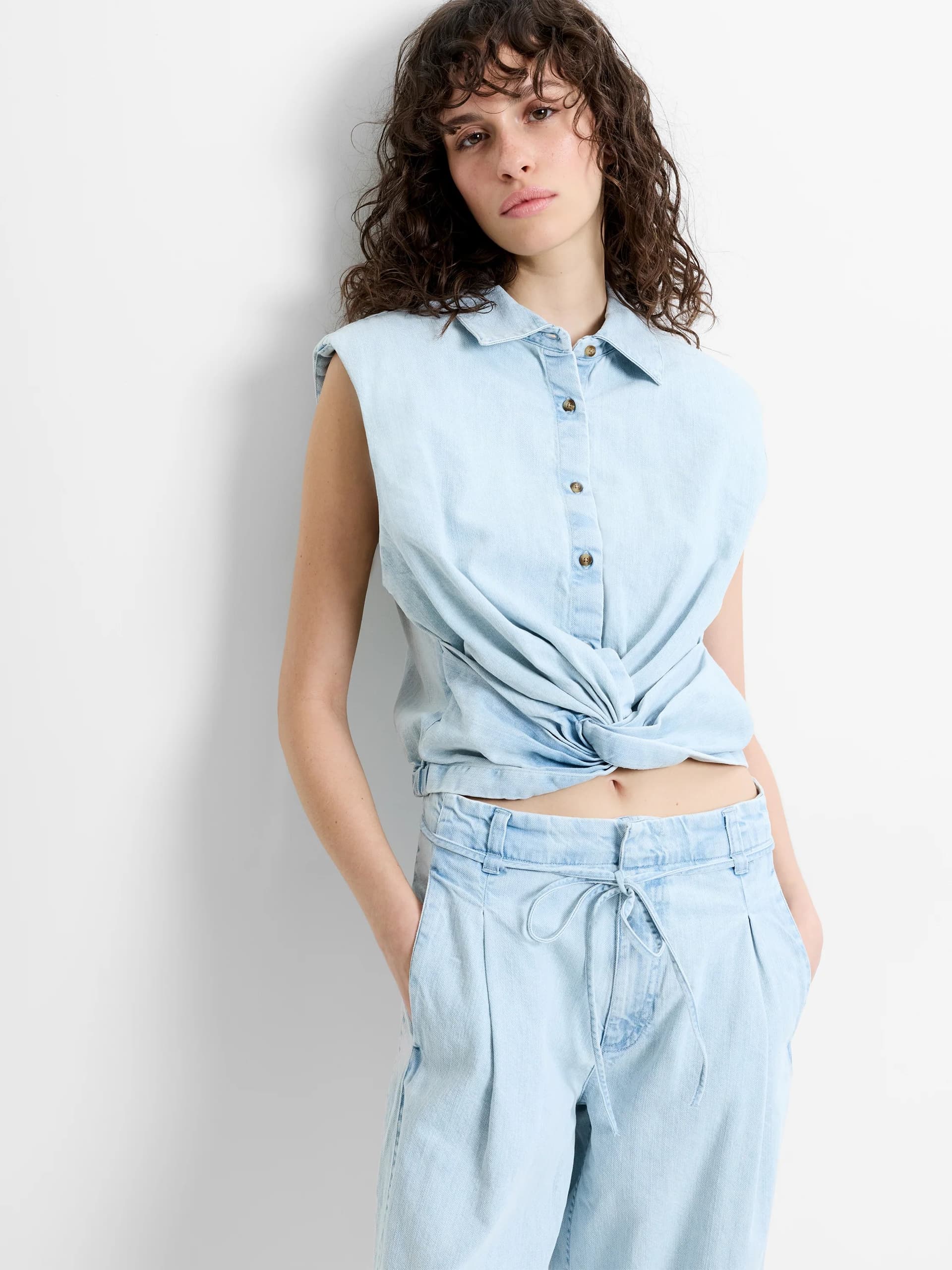 French Connection Chess Twist Cropped Light Blue Denim Shirt Beach Blue