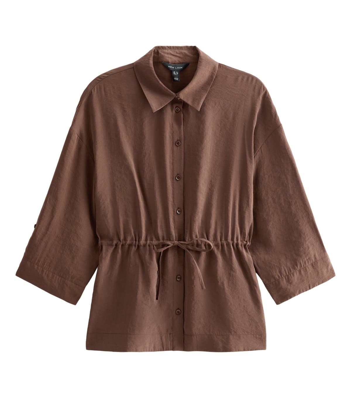 New Look Women's Brown Drawstring Waist Cropped Sleeve Shirt New Look