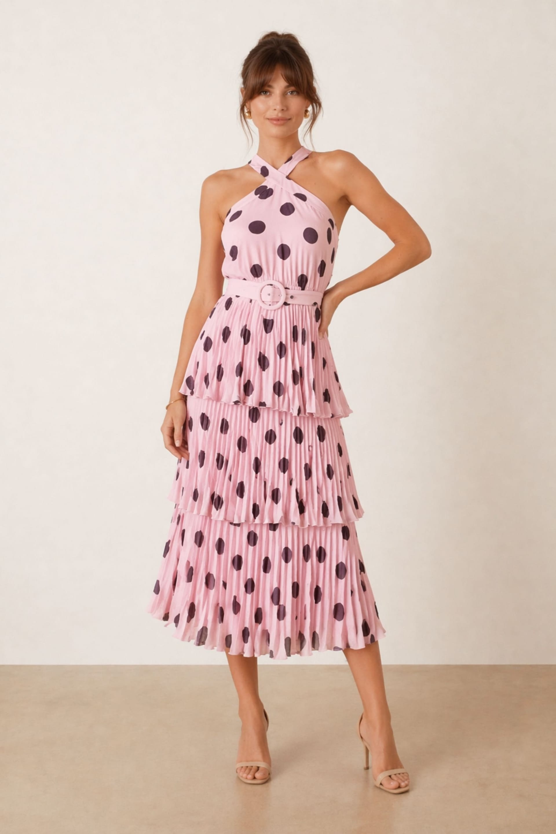 Style Cheat Pink Polka Dot Halter Tiered Pleated Dress