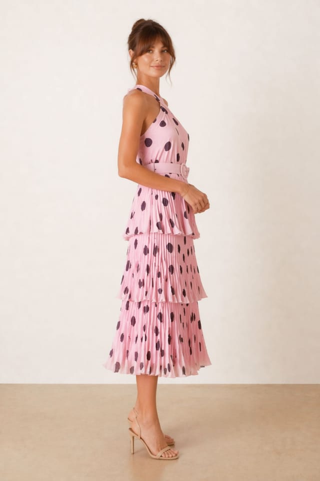 Style Cheat Style Cheat Women's Paige Halter Tiered Pleated Belted Dress / Pink Polka Dot - 2