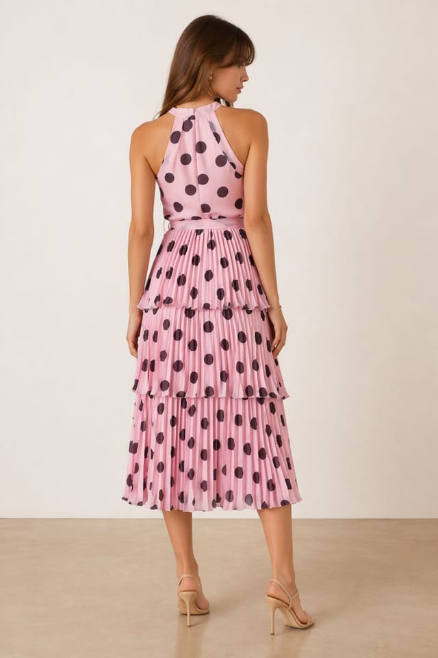 Style Cheat Style Cheat Women's Paige Halter Tiered Pleated Belted Dress / Pink Polka Dot - 3