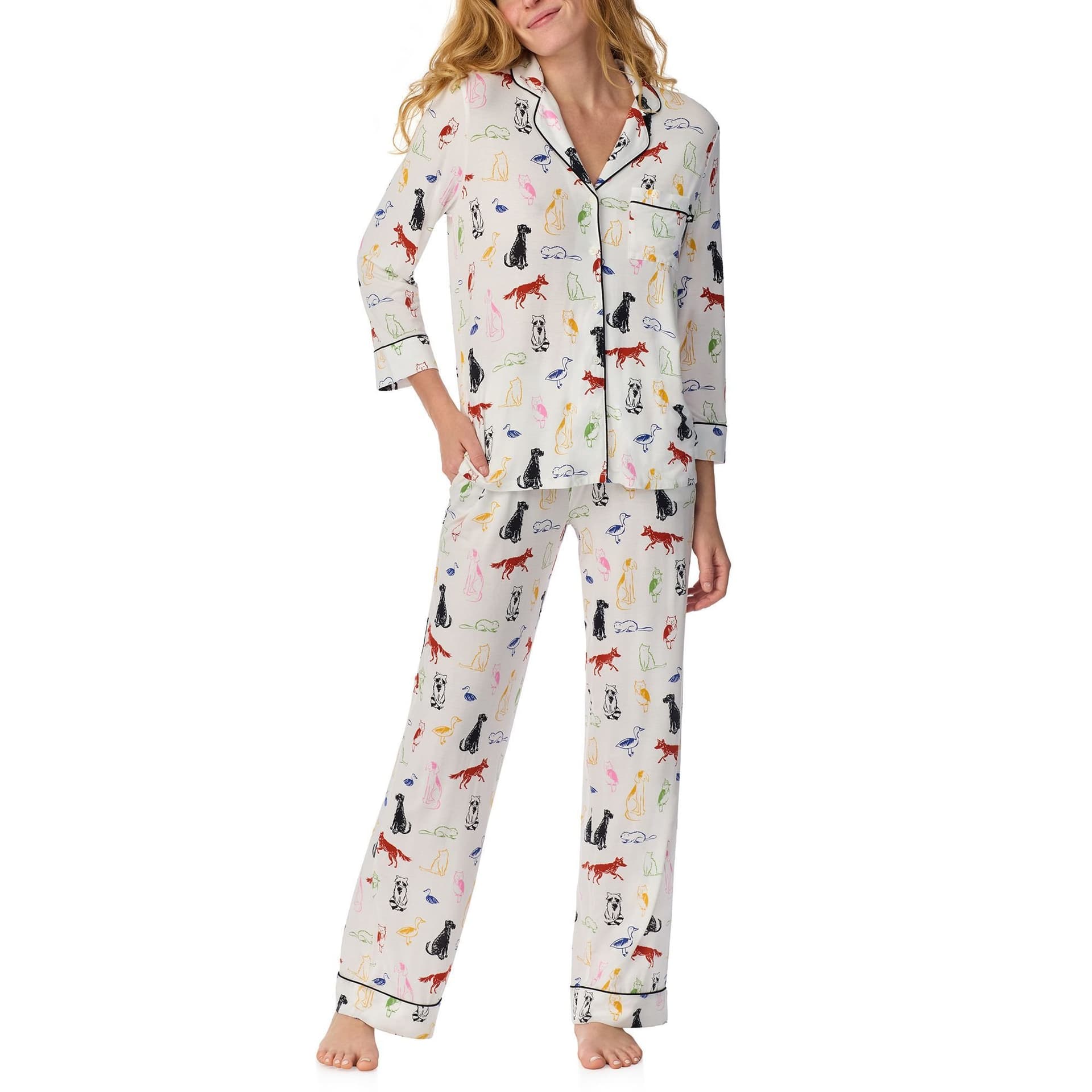 kate spade new york Kate Spade New York Women's 3/4 Sleeve Long PjJ Set in Brushed Jersy with Animal Pattern in Off-White