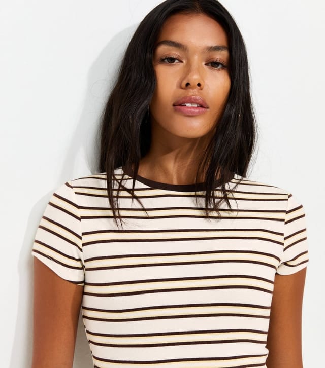 New Look Women's Yellow Cotton Rich Striped Baby Tee T-Shirt New Look - 2