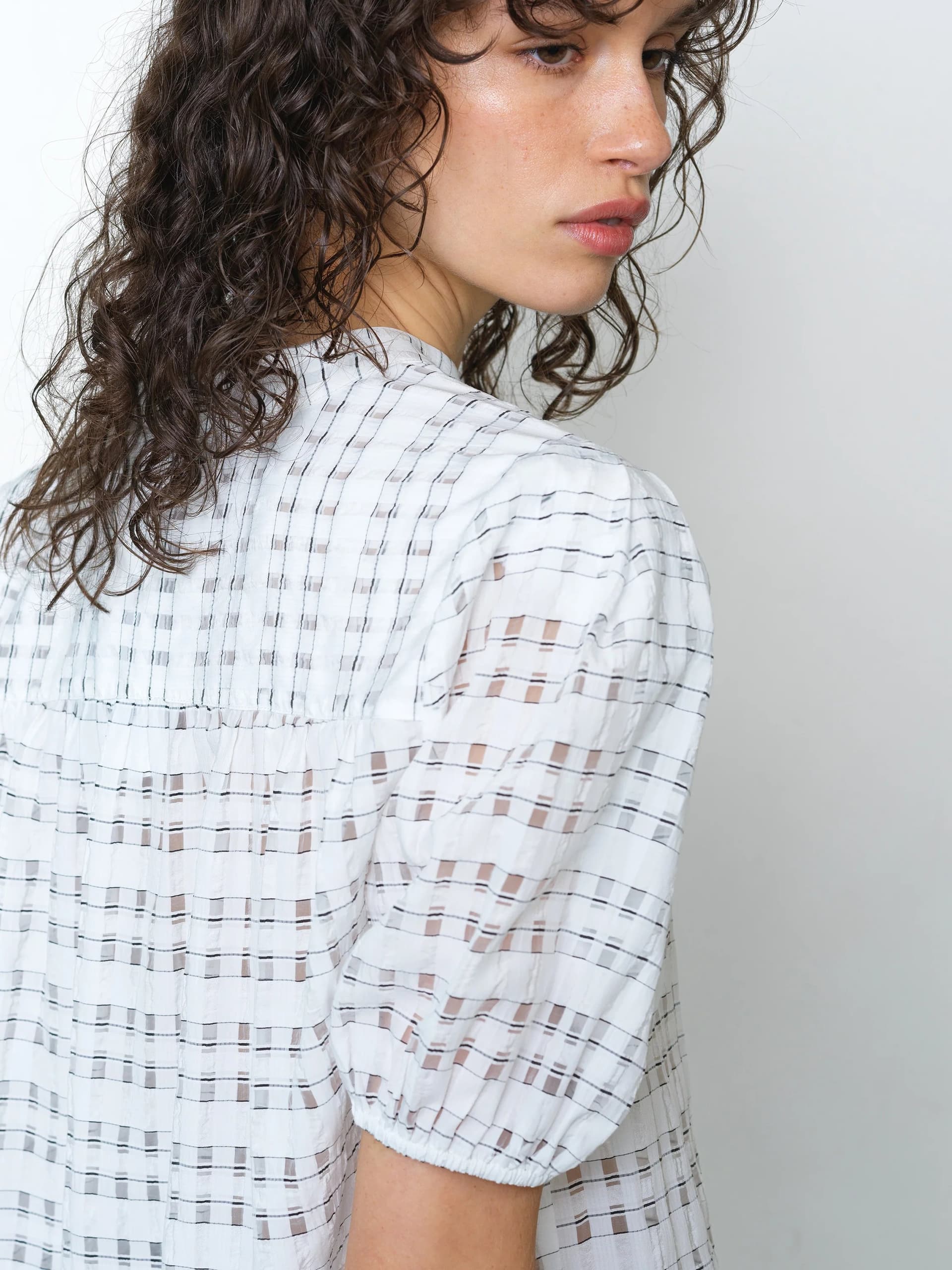 French Connection Imme Shadow Check Popover Shirt Summer White