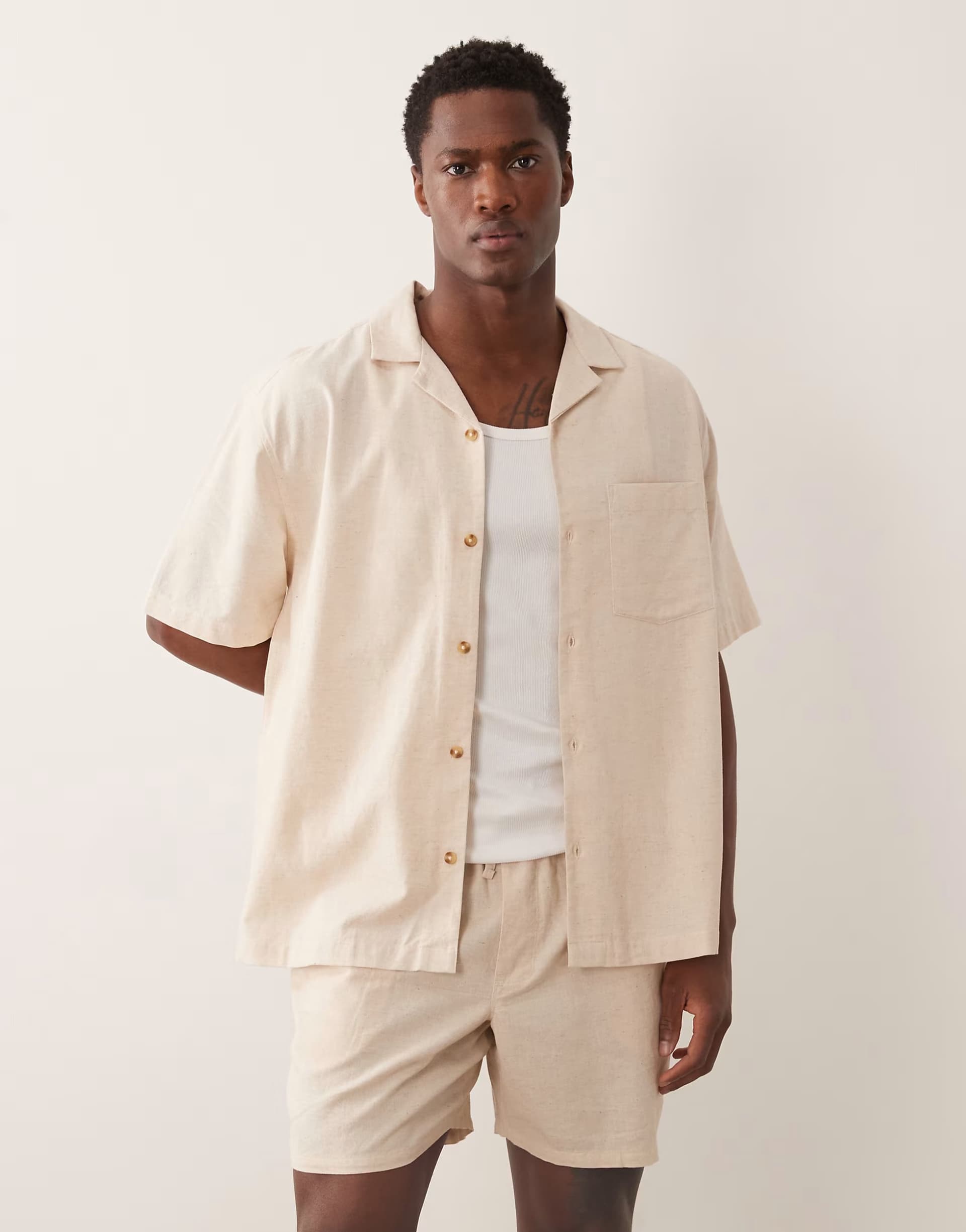 ASOS ASOS DESIGN co-ord relaxed revere shirt with linen in natural