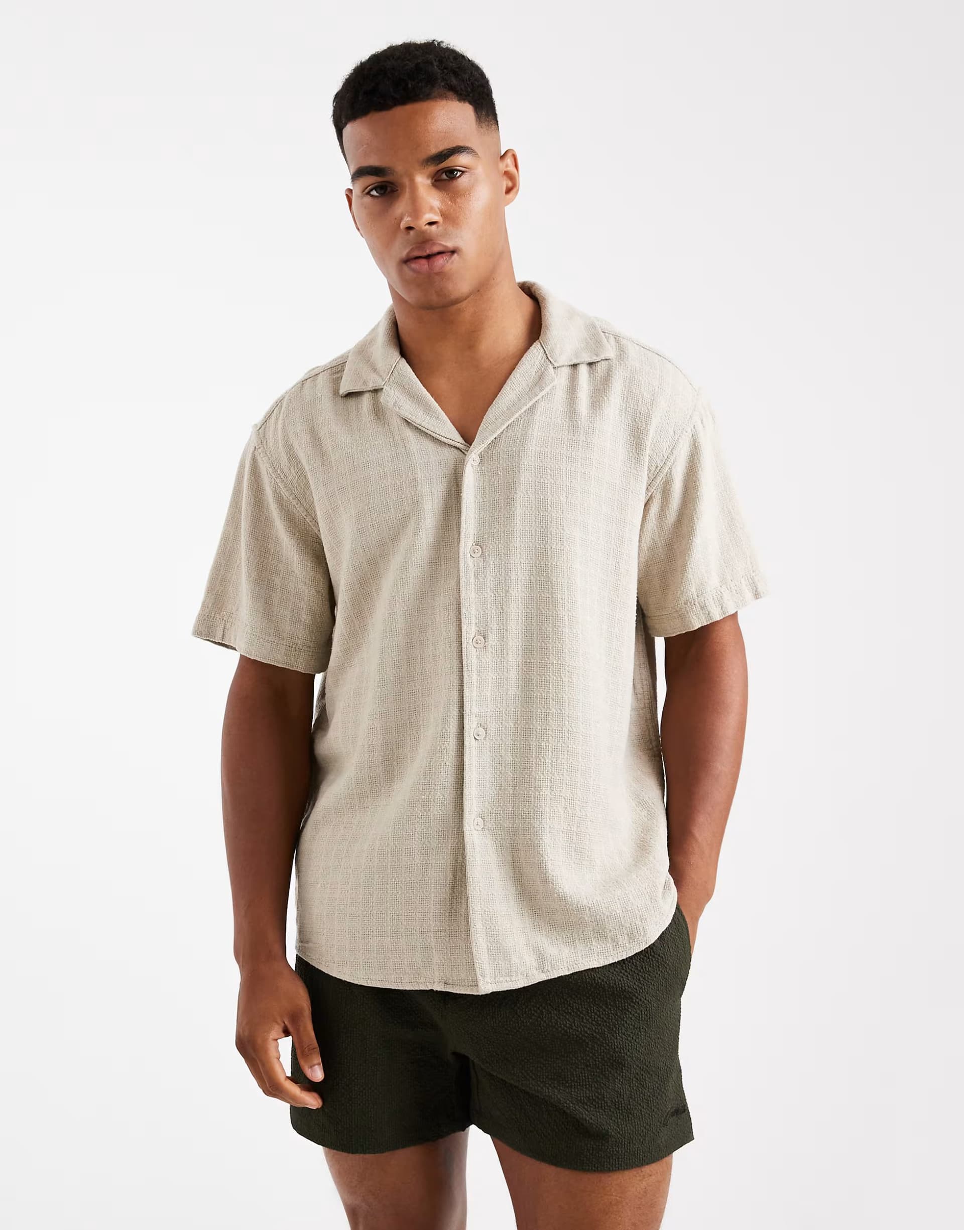 ASOS ASOS Textured Linen Short Sleeve Shirt in Beige