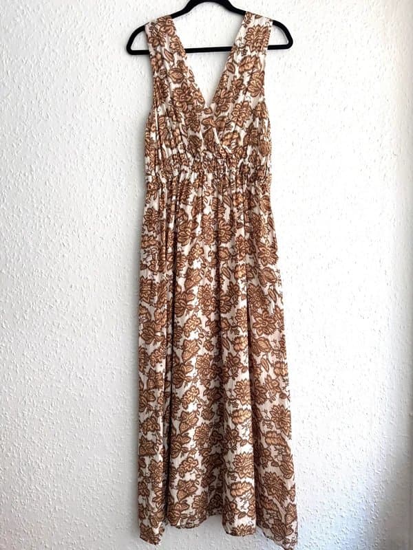XÍRENA Xirena Rayven Floral Brown Shortsleeve Brown Maxi Cotton Dress - Size L (RRP£284)