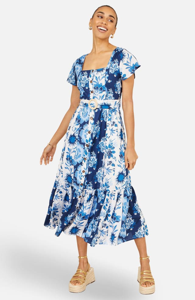 Yumi Yumi Women's Floral Viscose Midi Shirt Dress With Matching Belt in Bright Blue - 2