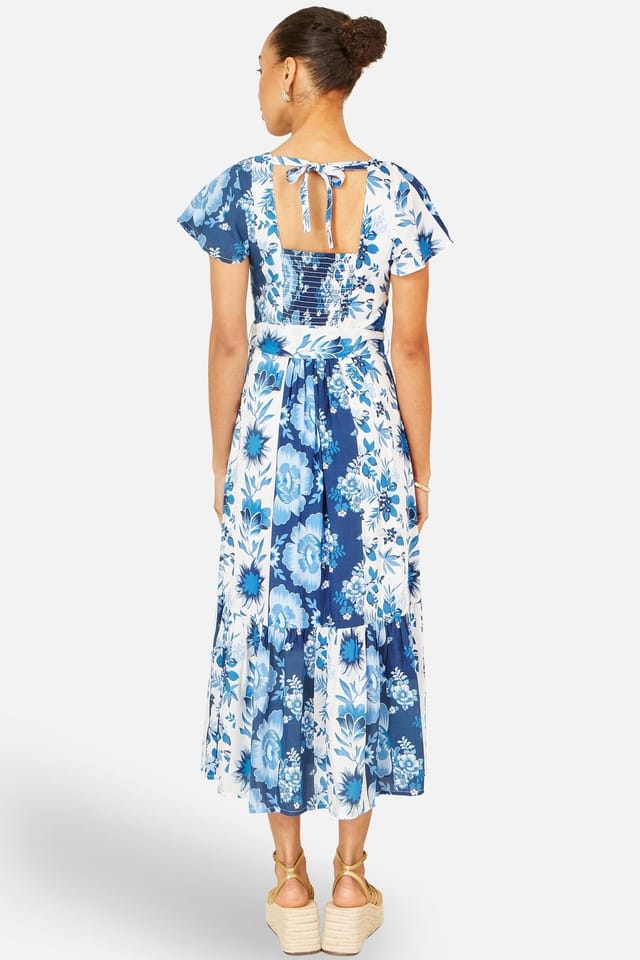 Yumi Yumi Women's Floral Viscose Midi Shirt Dress With Matching Belt in Bright Blue - 3