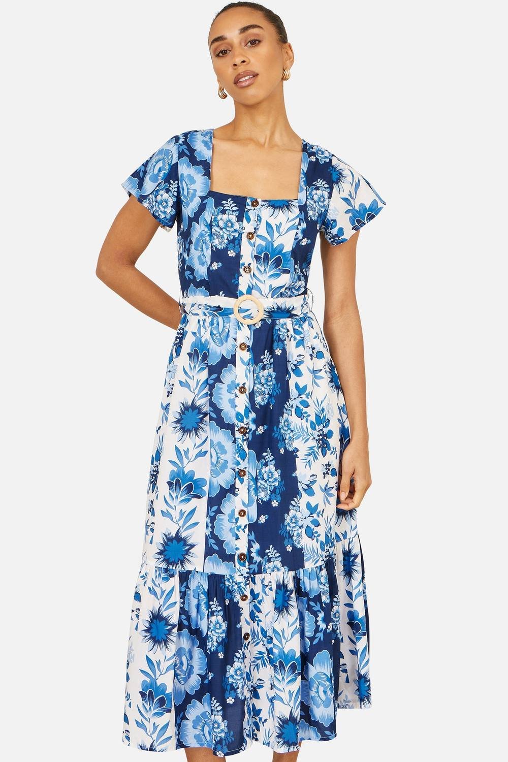 Yumi Yumi Women's Floral Viscose Midi Shirt Dress With Matching Belt in Bright Blue - 4