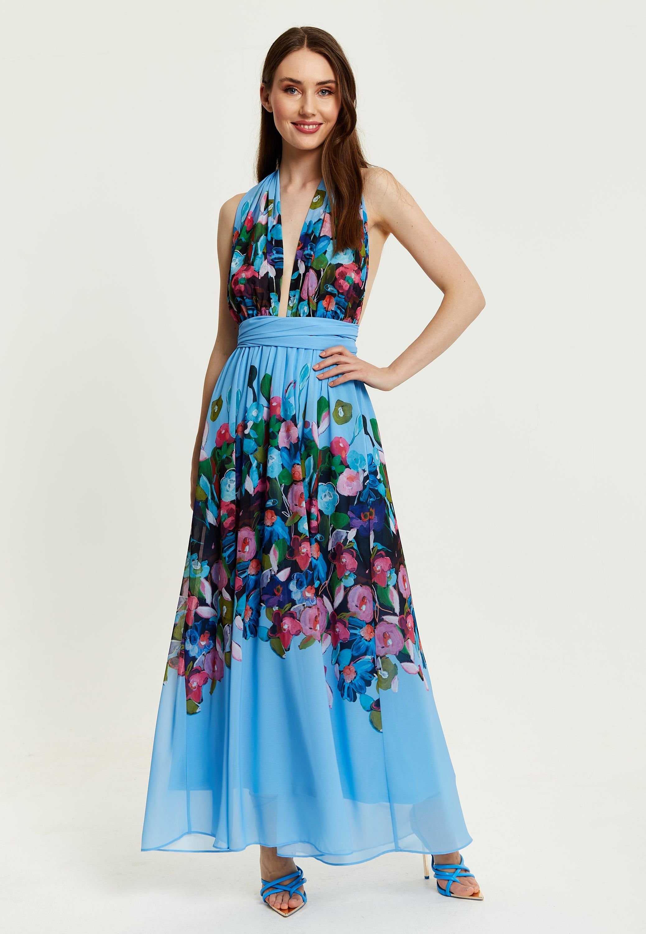 Liquorish Liquorish Women's Floral Print Deep V Neck Multiway Maxi Dress in Blue - 3