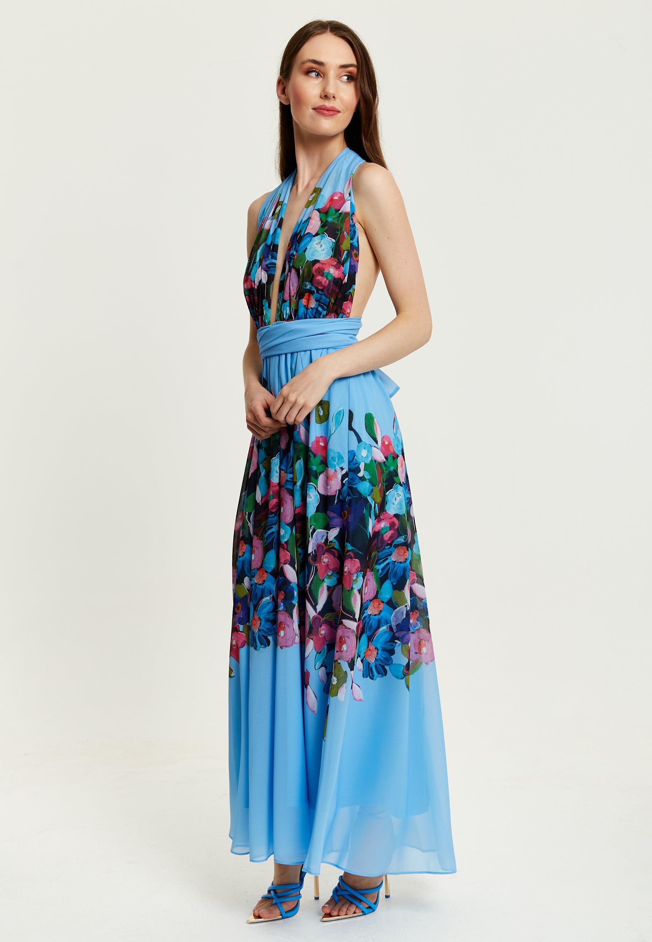 Liquorish Liquorish Women's Floral Print Deep V Neck Multiway Maxi Dress in Blue - 4
