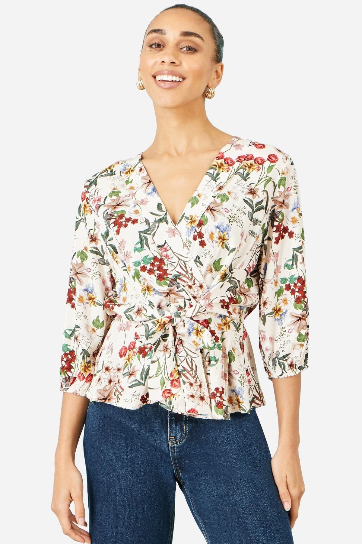 Yumi Yumi Women's Ivory Viscose Botanical Print Wrap Top in Warm White