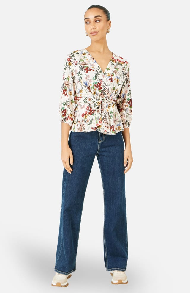 Yumi Yumi Women's Ivory Viscose Botanical Print Wrap Top in Warm White - 2