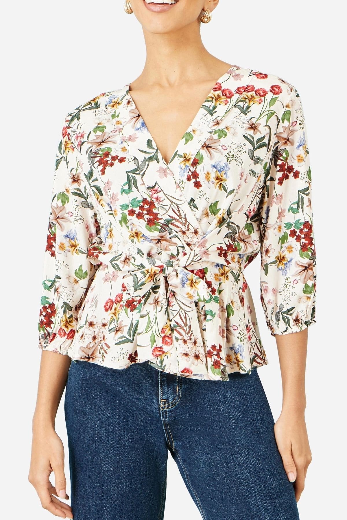 Yumi Yumi Women's Ivory Viscose Botanical Print Wrap Top in Warm White - 4
