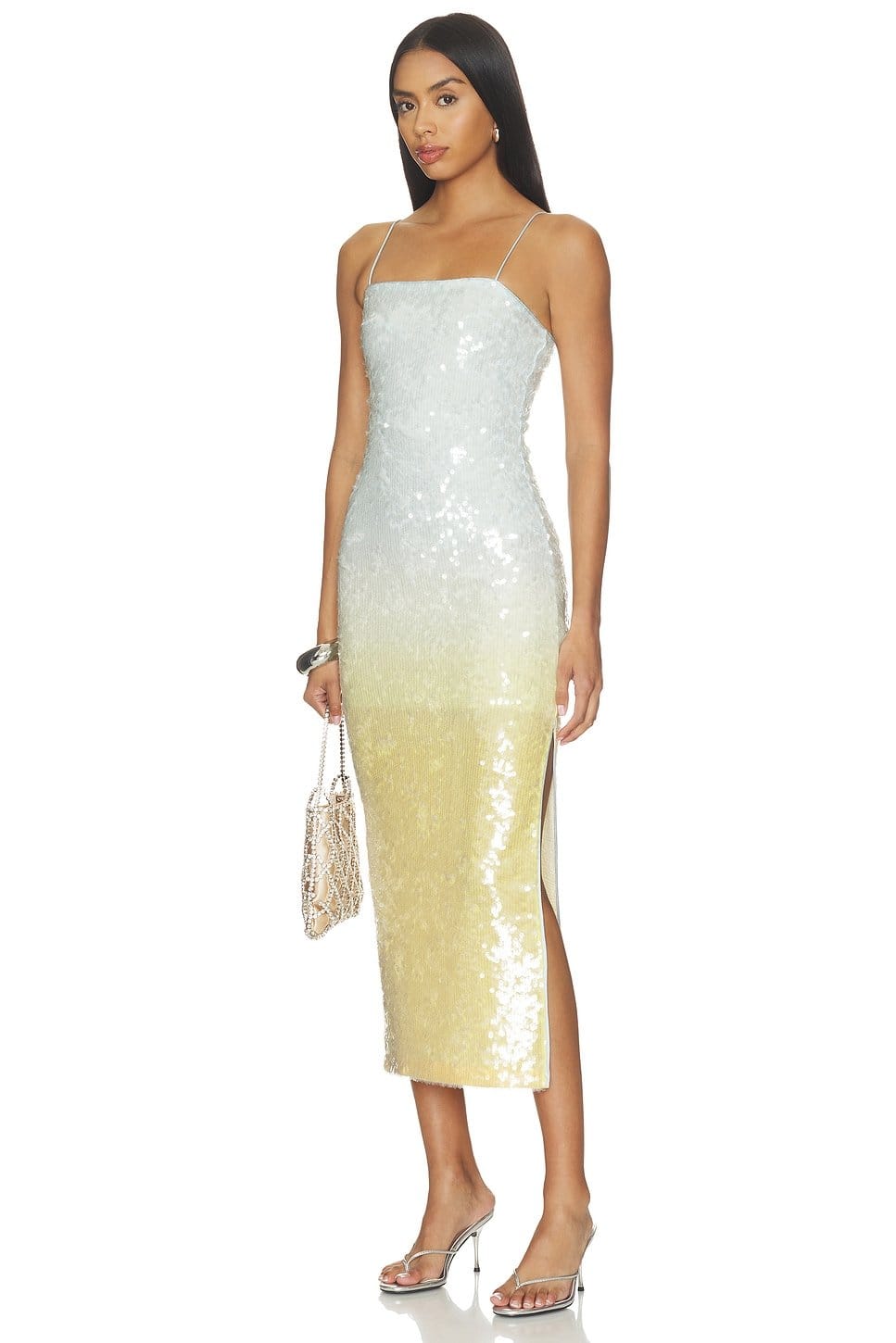 Revolve Delora Sequin Strapless Midi Dress in Clear Skies