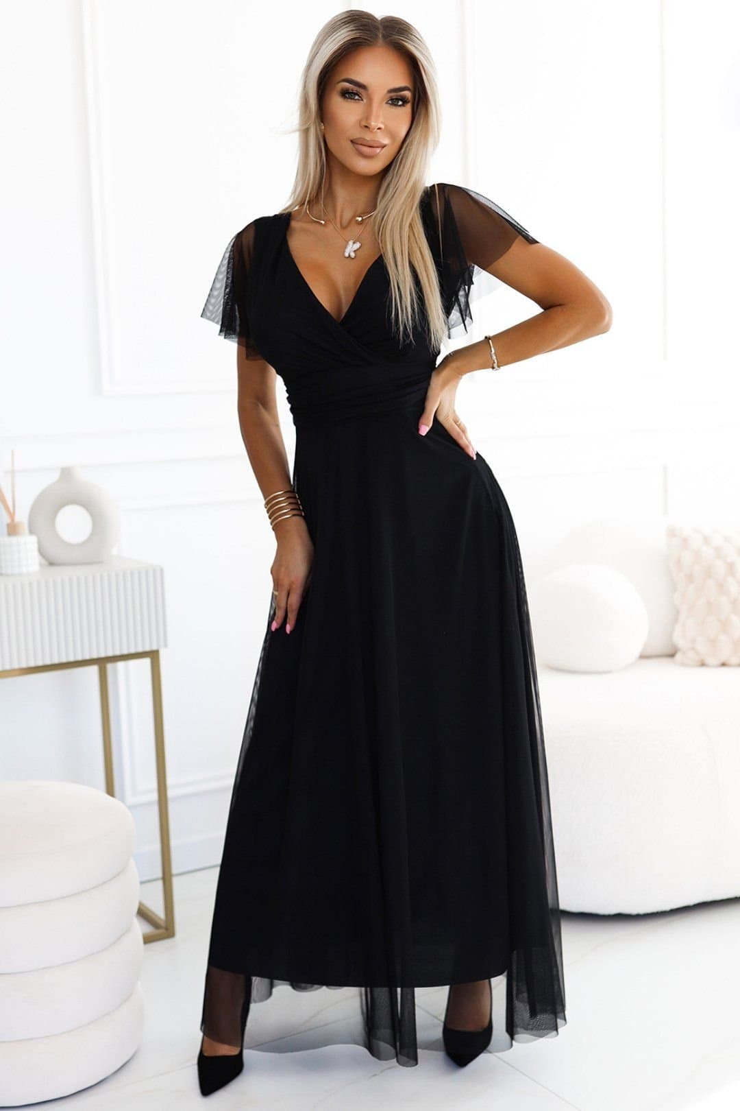 Love Lace Love Lace Women's NASTIA Long Tulle Tie Waist Evening Dress in Black