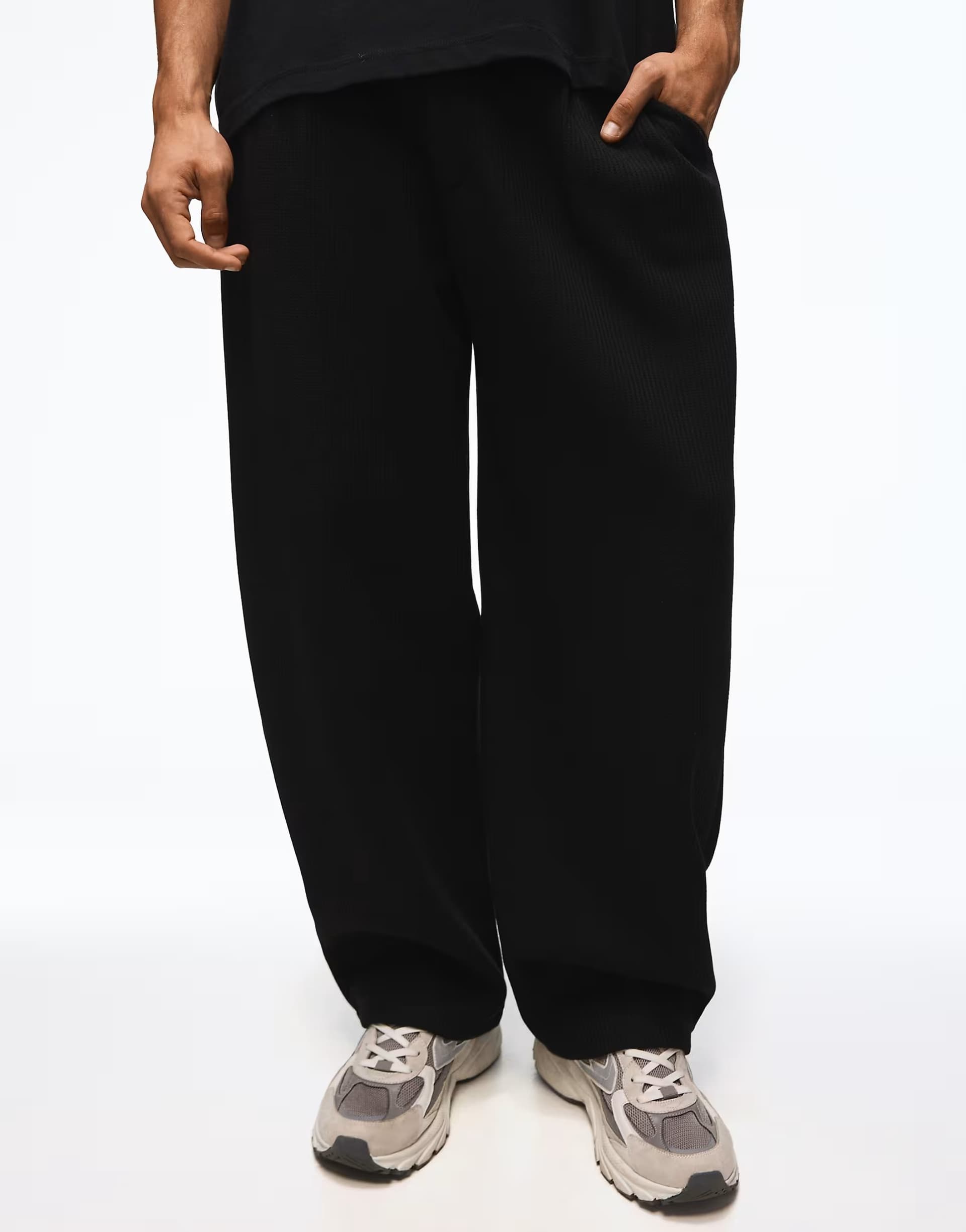 ASOS Bershka Balloon tailored waffle trousers with 3d embroidery in black