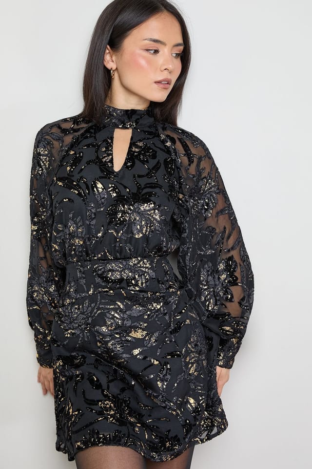 Oasis Oasis Women's Petite Floral Metallic Devore High Neck Mini Dress in Black - 2