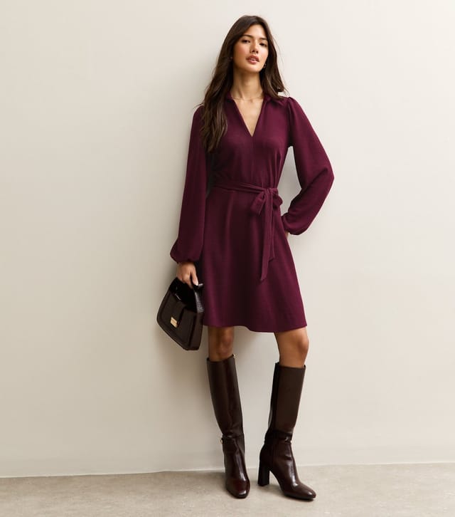New Look Women's Dark Burgundy Crinkled Long Sleeve Mini Dress New Look - 3