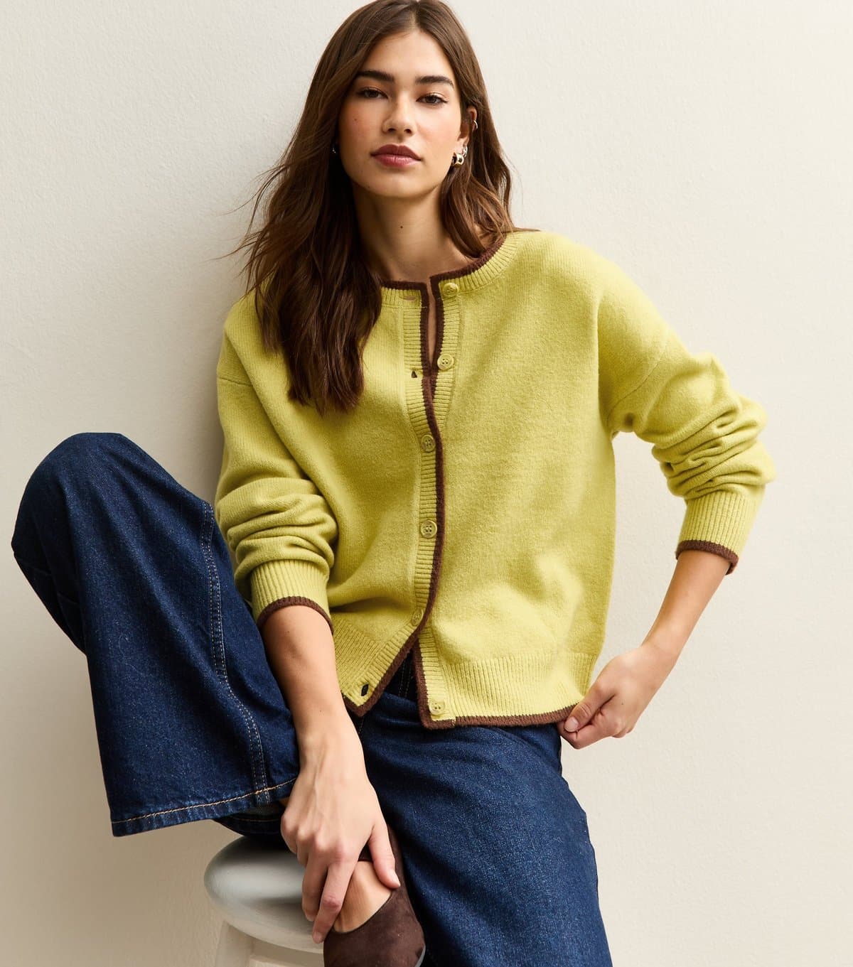 New Look Women's Green Tipped Crew Neck Cardigan New Look