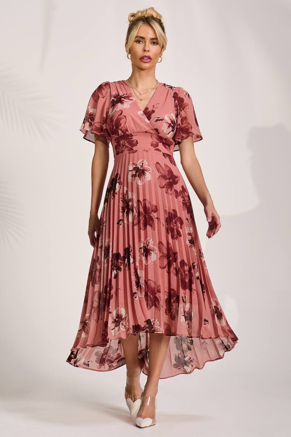 Jolie Moi Jolie Moi Women's Printed Chiffon Pleated Maxi Dress in Mauve - 2