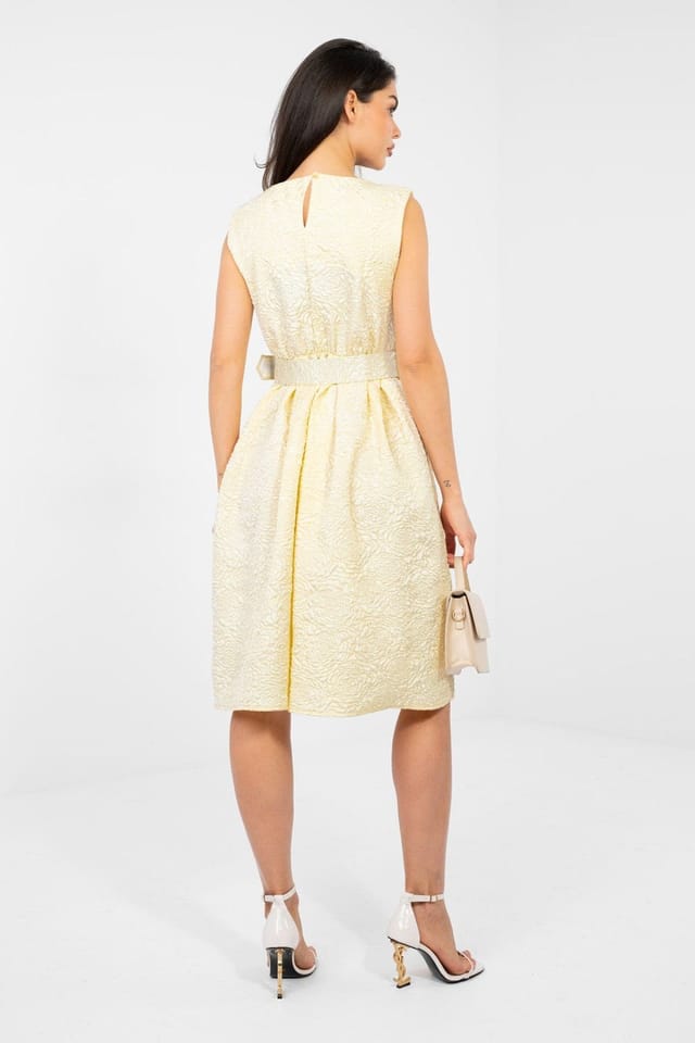 Love Lace Love Lace Women's Elegant Cocktail Dress with Belt & Brooch in Yellow - 3