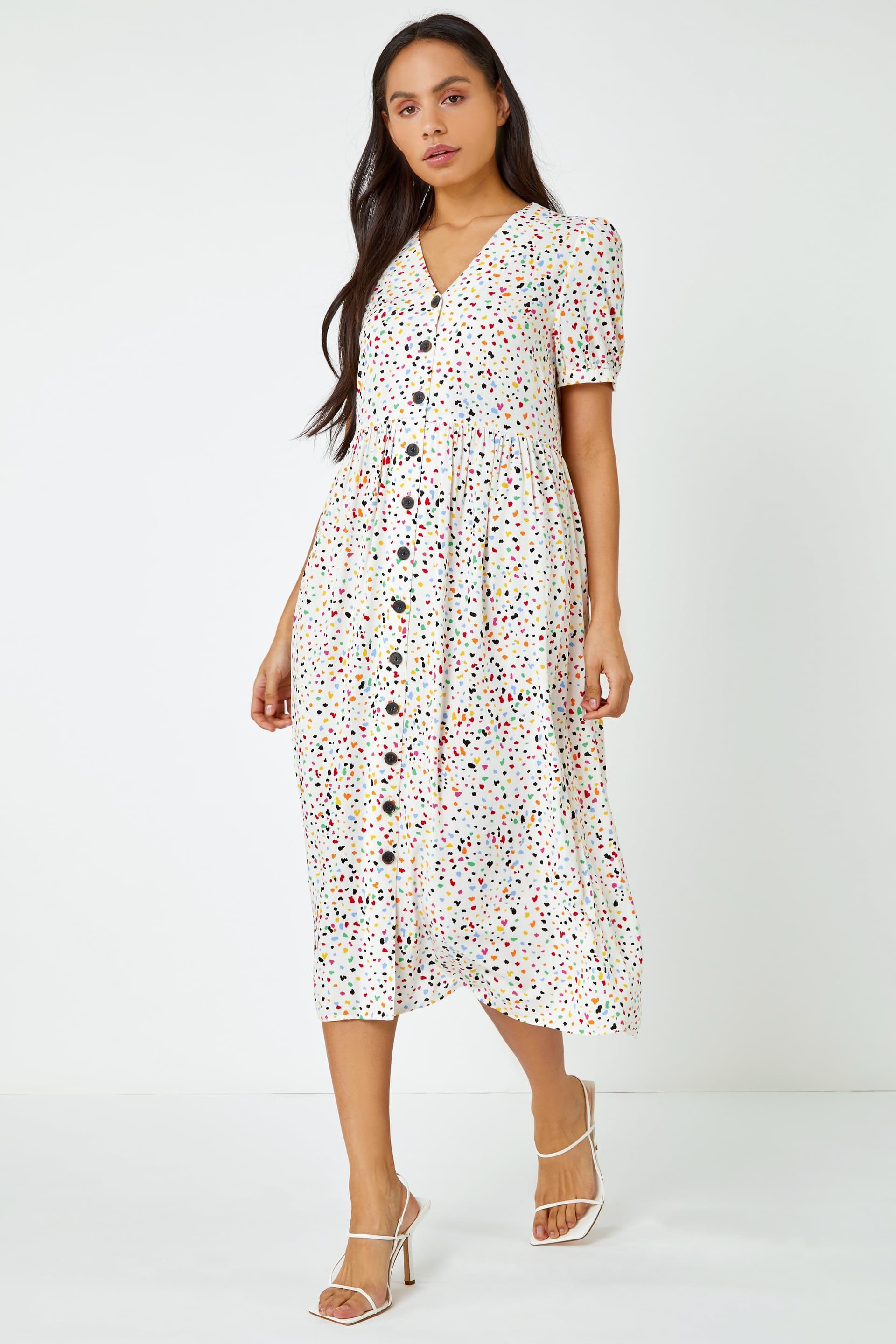 DUSK Dusk Women's Ditsy Spot Print Button Down Dress in Yellow