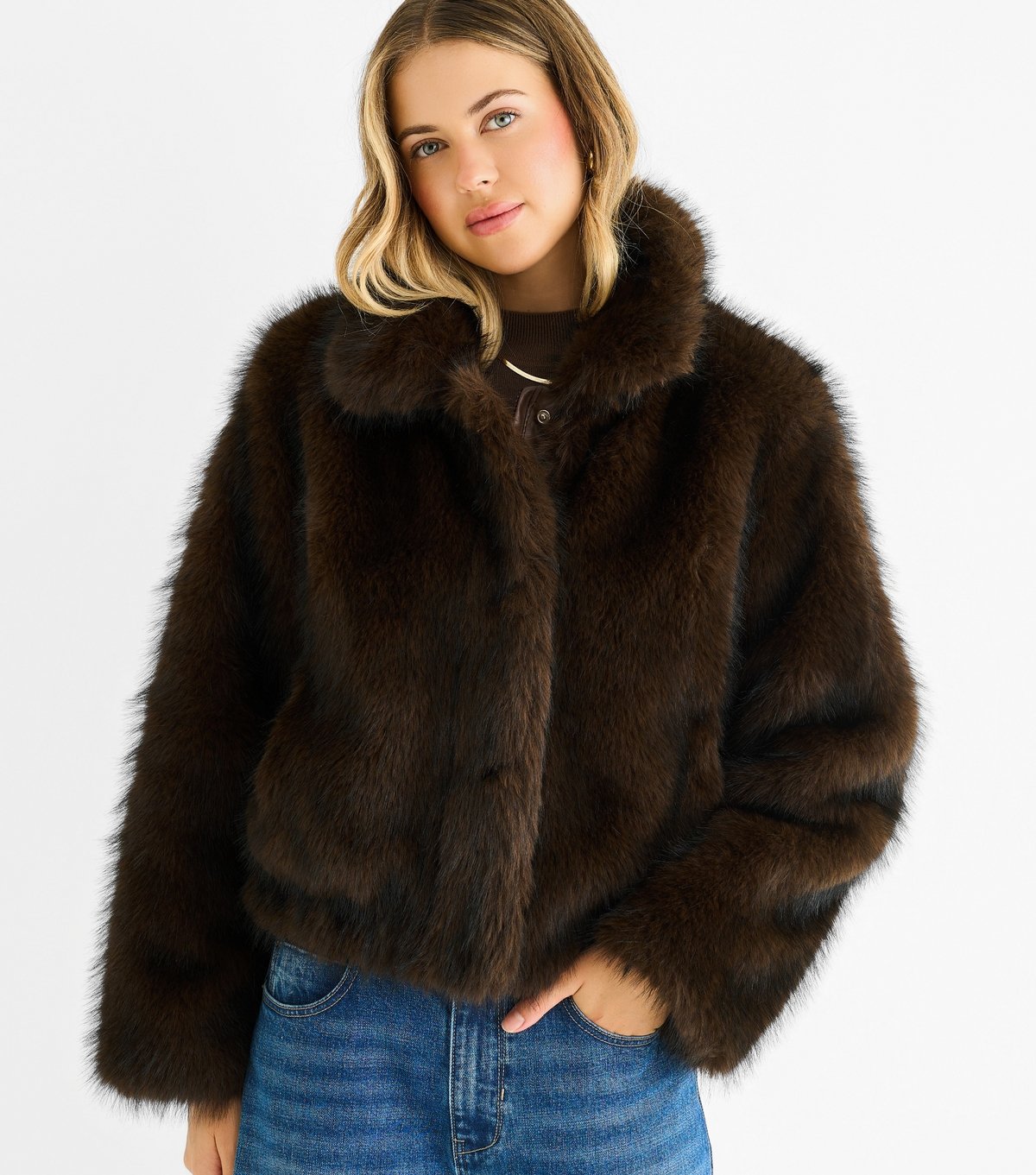 Gini London Women's Mid Brown Short Faux Fur Jacket Gini London New Look - 2