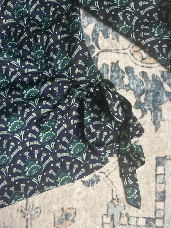 Never Fully Dressed Never Fully Dressed Printed Wrap Top UK 10 Green & Navy Long Sleeve Blouse
