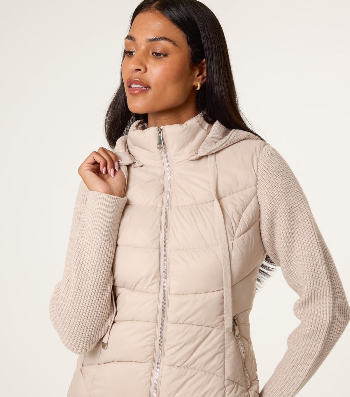 Blue Vanilla Women's Stone Knitted Sleeve Puffer Jacket Blue Vanilla New Look