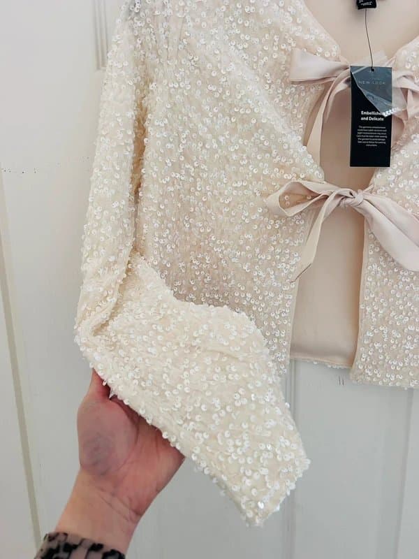 New Look New Look Cream Sequin Bow Tie Blouse Top Size UK 8