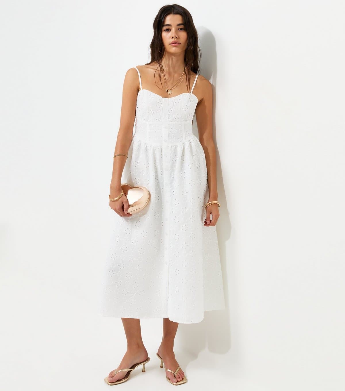 New Look Women's White Broderie Anglaise Corset Waist Midi Dress New Look