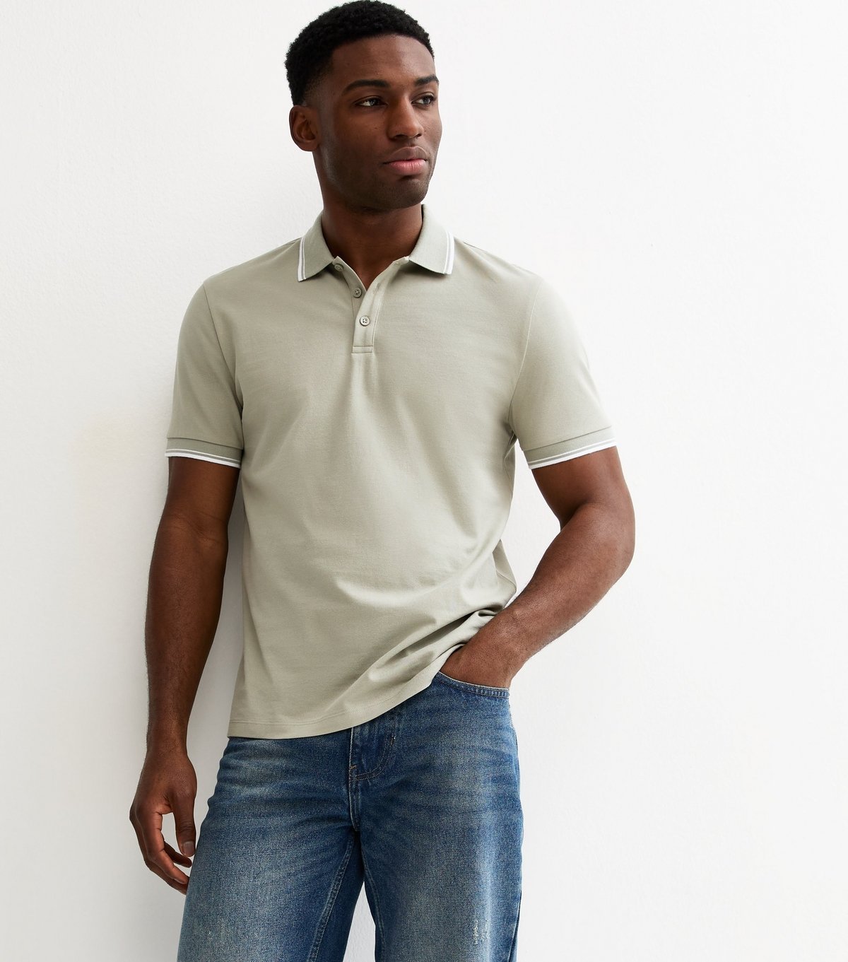 New Look Men's Mint Green Regular Pique Tipped Collar Polo Shirt New Look - 4