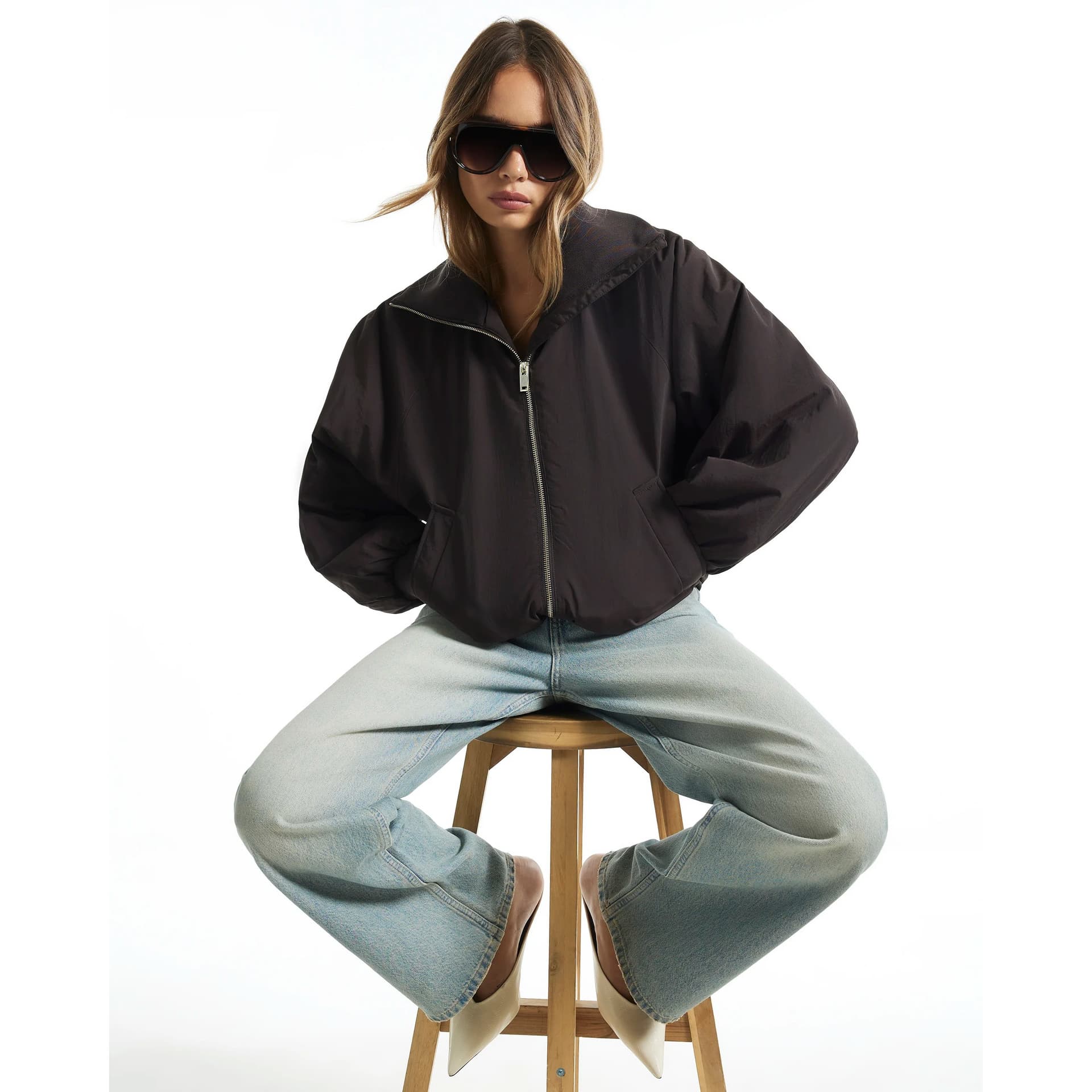 River Island River Island Womens Brown Rib Detail Bubble Hem Bomber Jacket