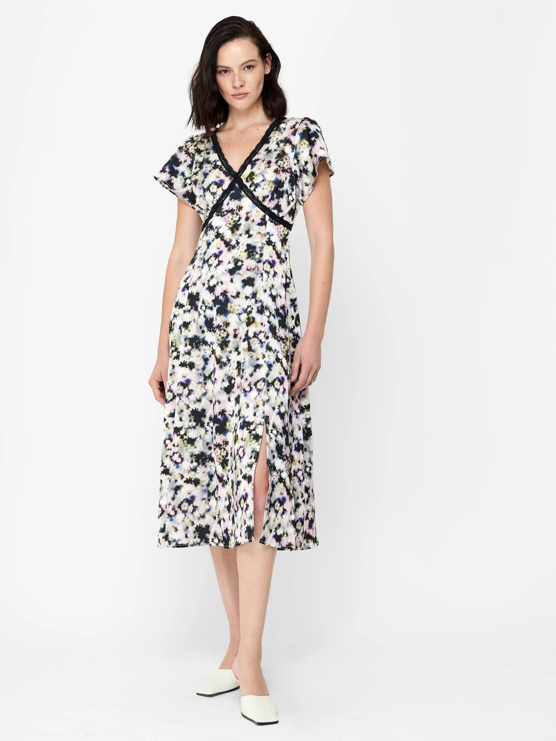 French Connection Marcy Floral Print Lace Trim Midi Tea Dress Olive Multi