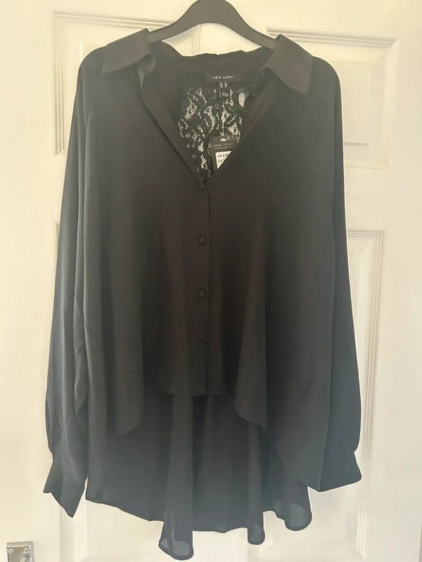 New Look Black Chiffon Long Sleeve Blouse with Lace Inset