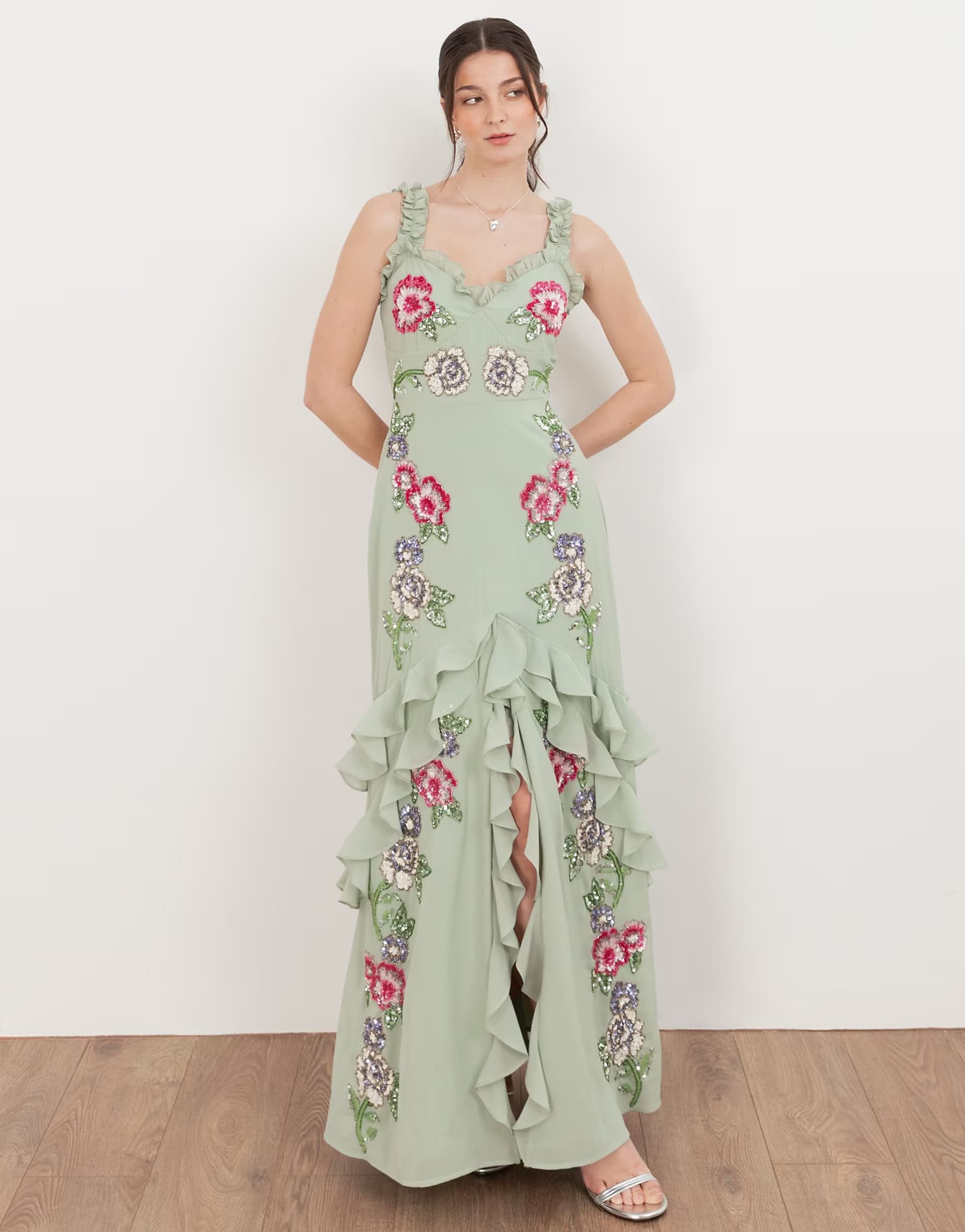 ASOS Maya Floral embellished ruffle cami maxi dress in sage green