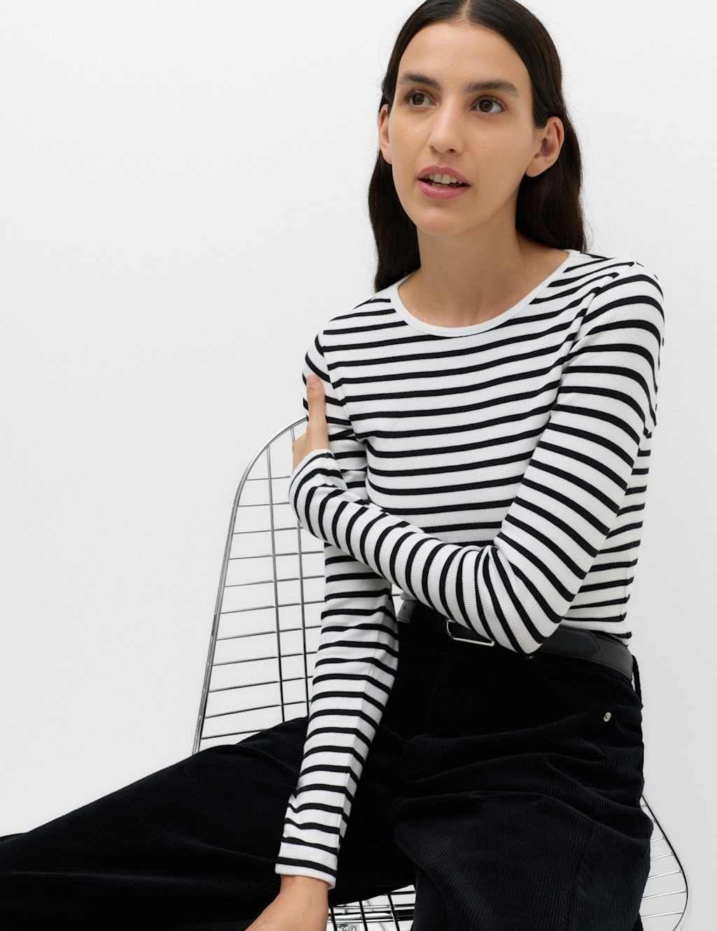 Marks & Spencer M&S Cotton Rich Ribbed Regular Fit Top Black Mix