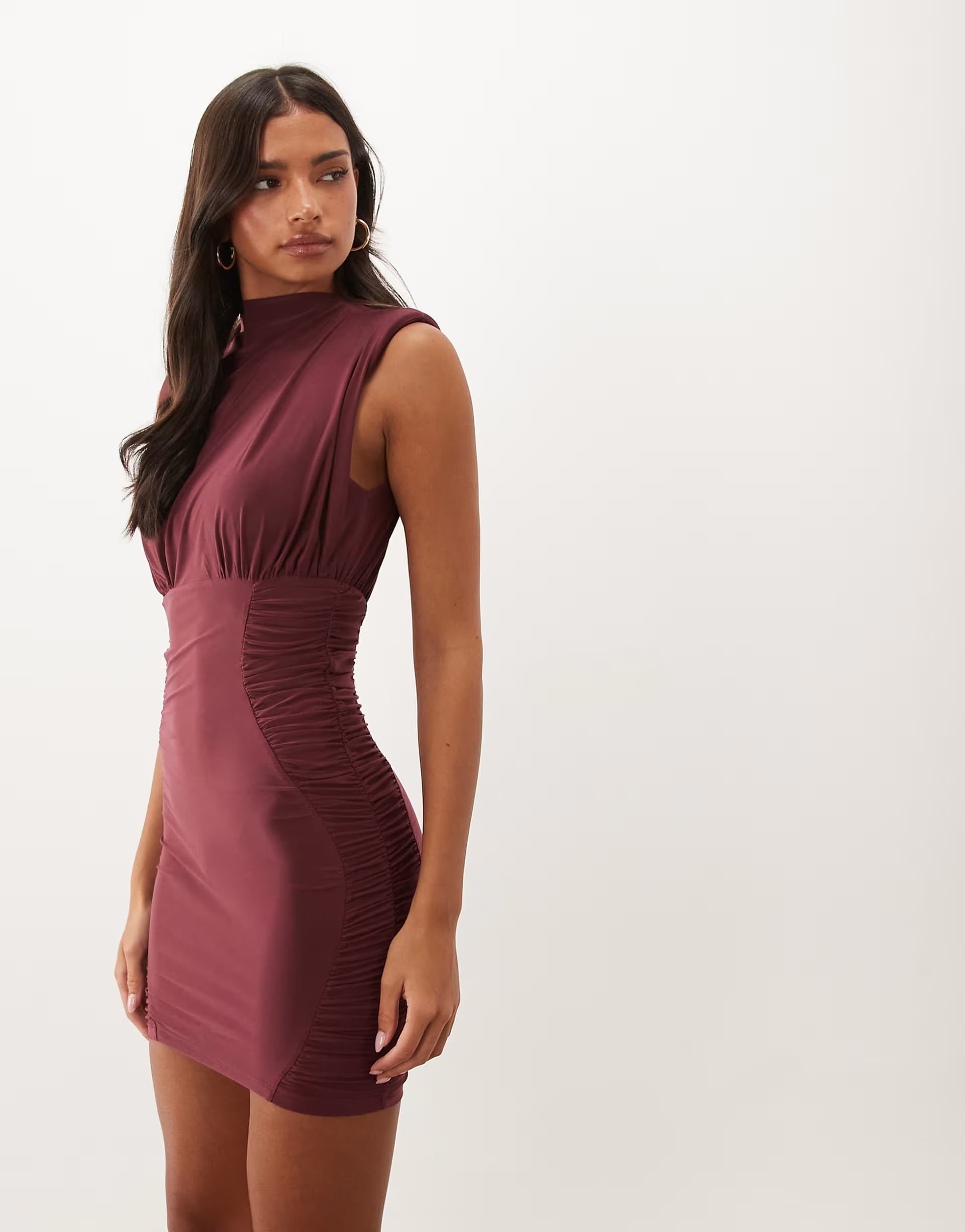 ASOS ASOS DESIGN shoulder pad ruched side bodycon dress in heavy soft touch in wine