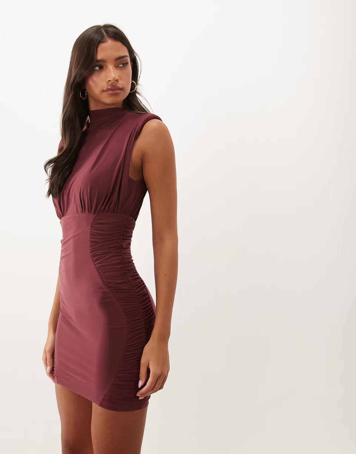 ASOS ASOS DESIGN shoulder pad ruched side bodycon dress in heavy soft touch in wine - 1